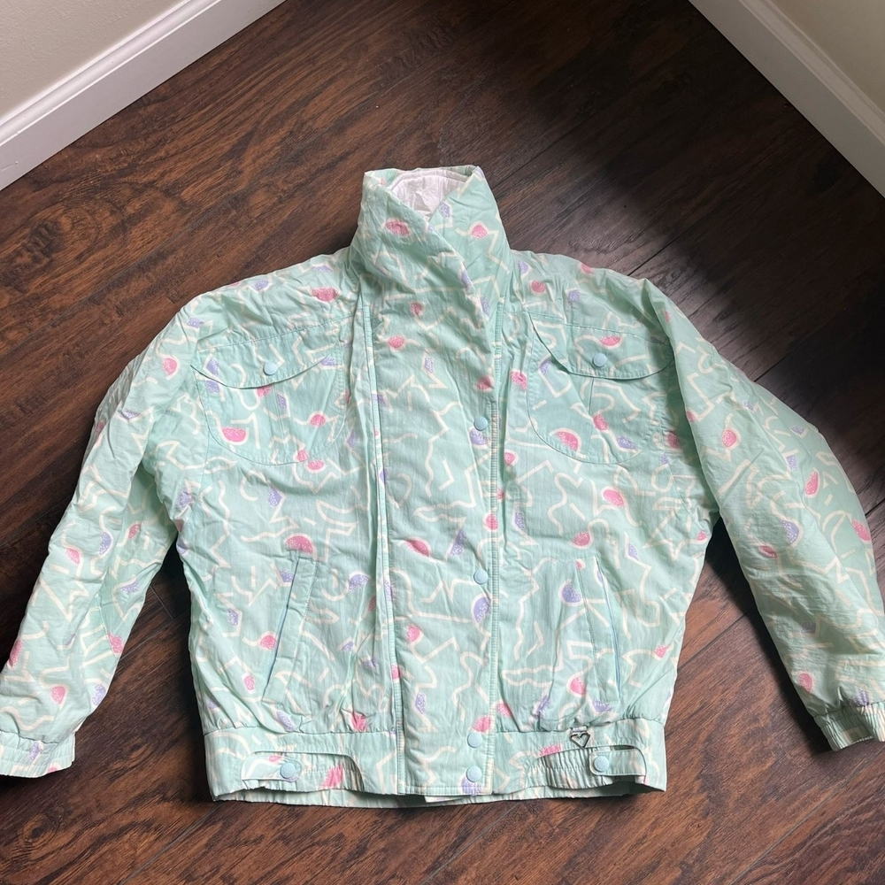 Obermeyer 80s Paris Mint and Pink Patterned Puffer Raincoat